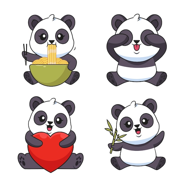 Raccolta di panda disegnati a mano che mangiano tagliatelle giocando a pickaboo tenendo cuore e ramoscello