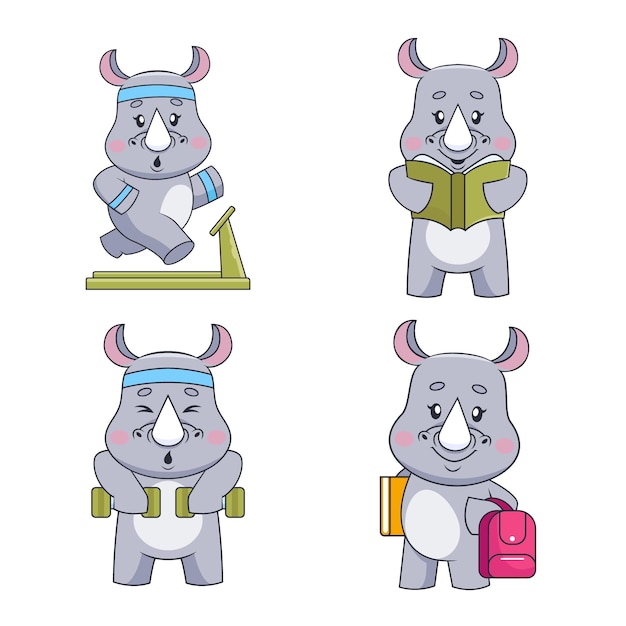 Collection of handdrawn rhinoceroses on treadmill with book dumbbells book and backpack