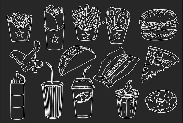 Collection of handrawn elements fast food