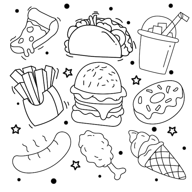 Various foods in pencil colour sketch simple style