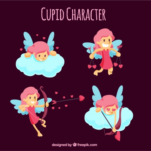 Collection of happy cupid character with pink hair