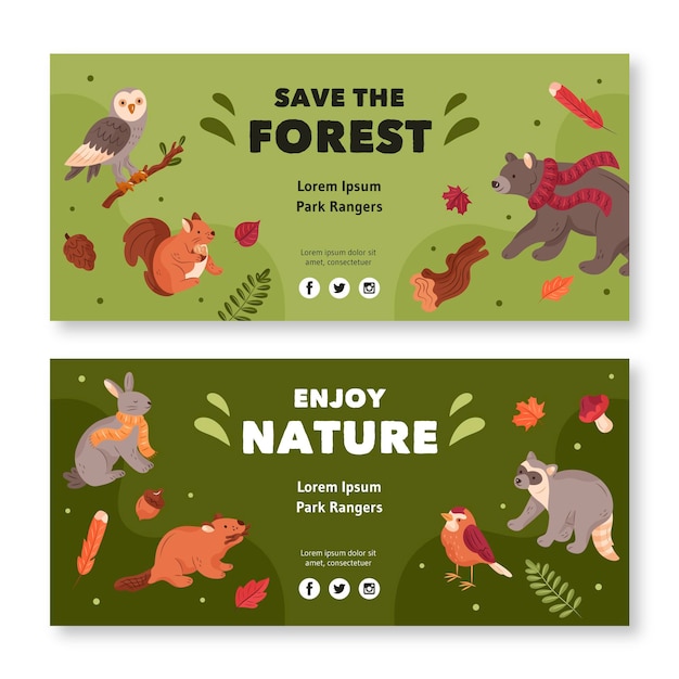 Free vector collection of horizontal banner with forest animals