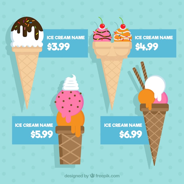 Collection of ice cream cones with prices