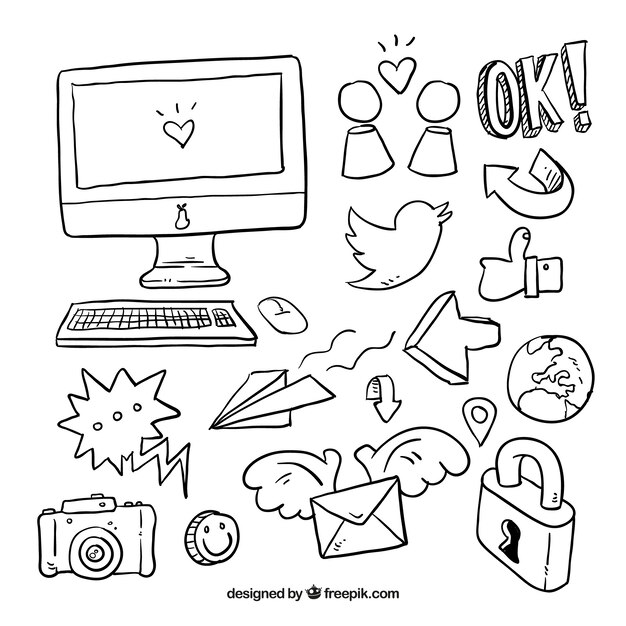 Collection of icons and social media sketches