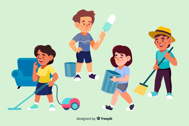 Collection of illustrated minimalist characters doing housework 