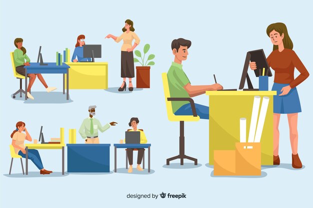 Collection of illustrated people working at their desks