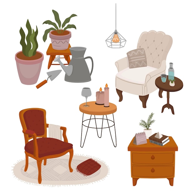 Free vector collection of interiors with stylish comfy furniture and home decorations