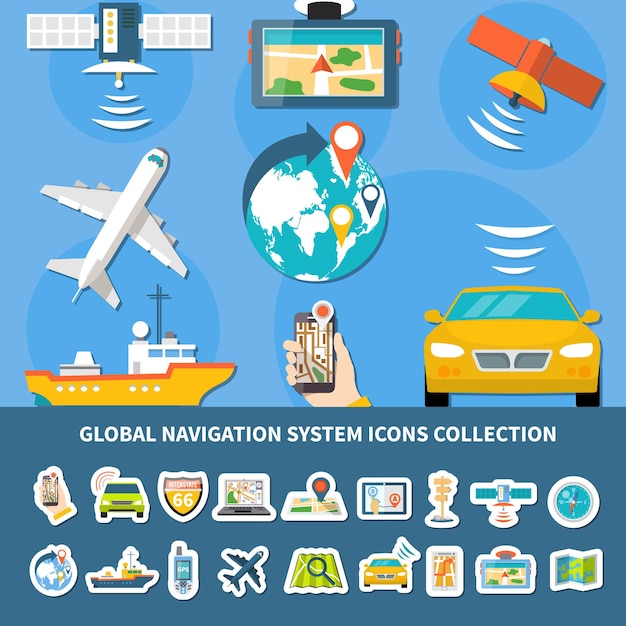 Collection of isolated global navigation system icons with composition of flat images of equipped vehicles and devices vector illustration