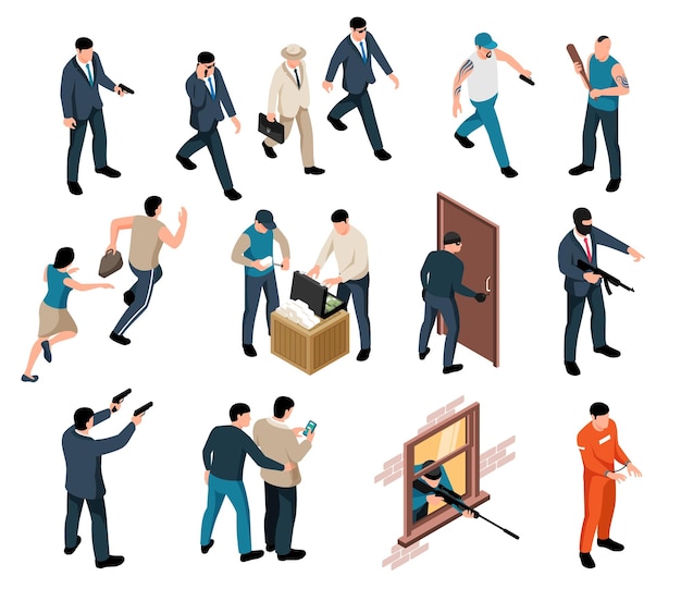 Free vector collection of isolated isometric human characters of criminals and their victims with weapons on blank background vector illustration