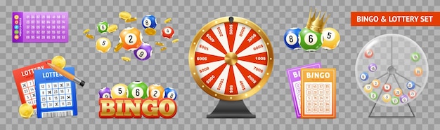 Collection of isolated realistic bingo accessories images on transparent background with lottery tickets and numeric balls vector illustration