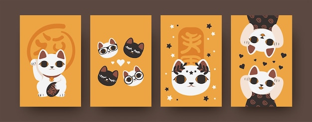 Free vector collection of japanese cats illustrations in modern style. bright set of maneki neko isolated . cute souvenirs. traditional asian symbol.