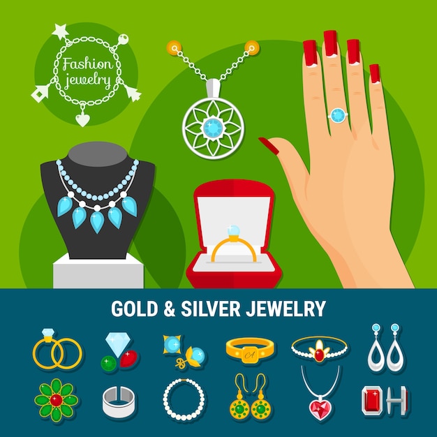 Collection of jewelry icons with fashion gold and silver rings, earrings, brooch, studs, bangles isolated