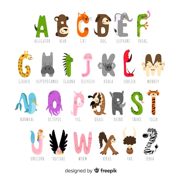Free vector collection of letters with cute animals