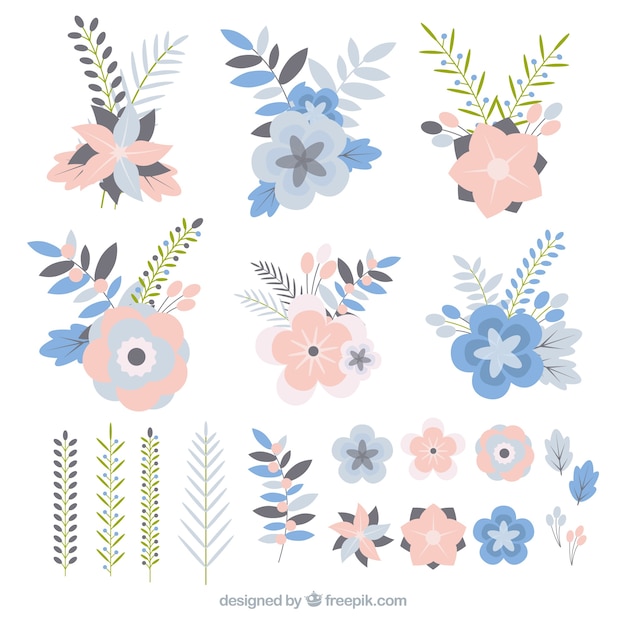 Collection of light blue and light pink winter flowers