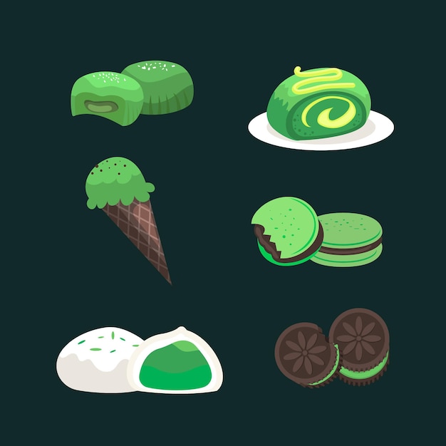 Free vector collection of matcha dessert isolated on dark background