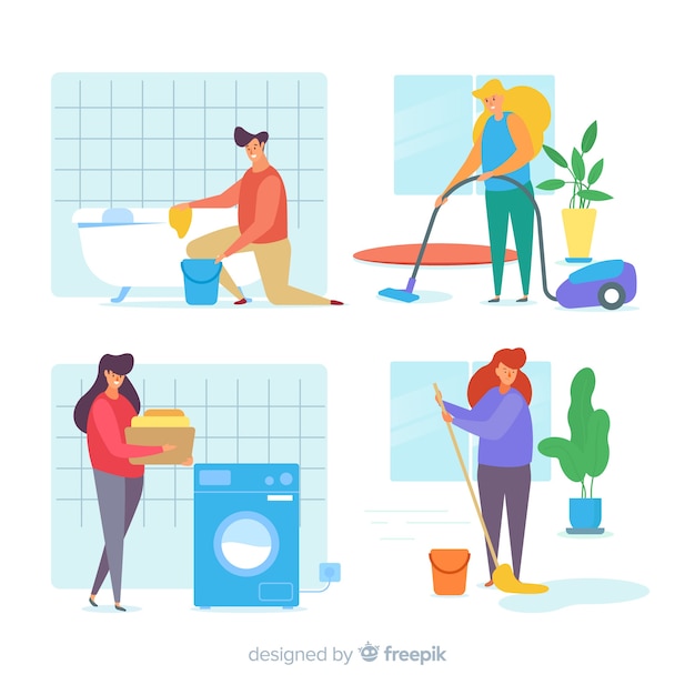 Collection of minimalist characters doing housework