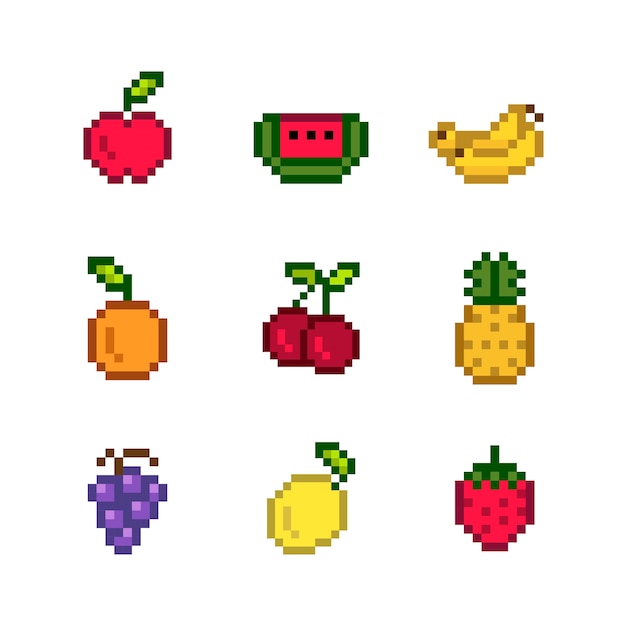 Fruits pixel art collection graphics Royalty Free Vector