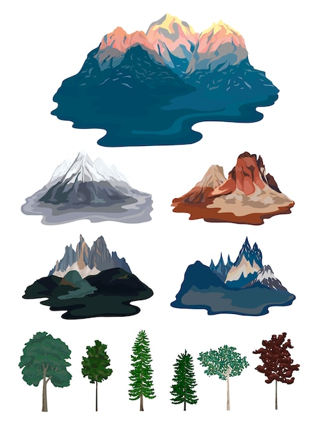 Raccolta di illustrazioni di montagna e albero