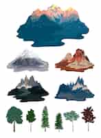Vettore gratuito raccolta di illustrazioni di montagna e albero