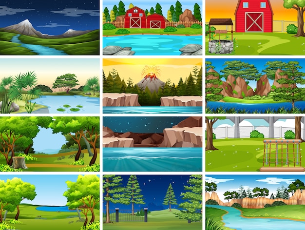Free vector collection of nature scenes or background for day, night, farm and waterways