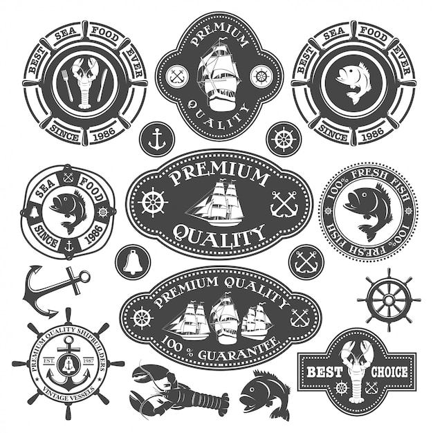 Collection of nautical labels, seafood illustrations and disigned elements