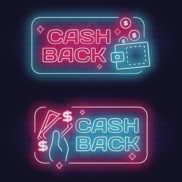 Raccolta di segni di cashback al neon