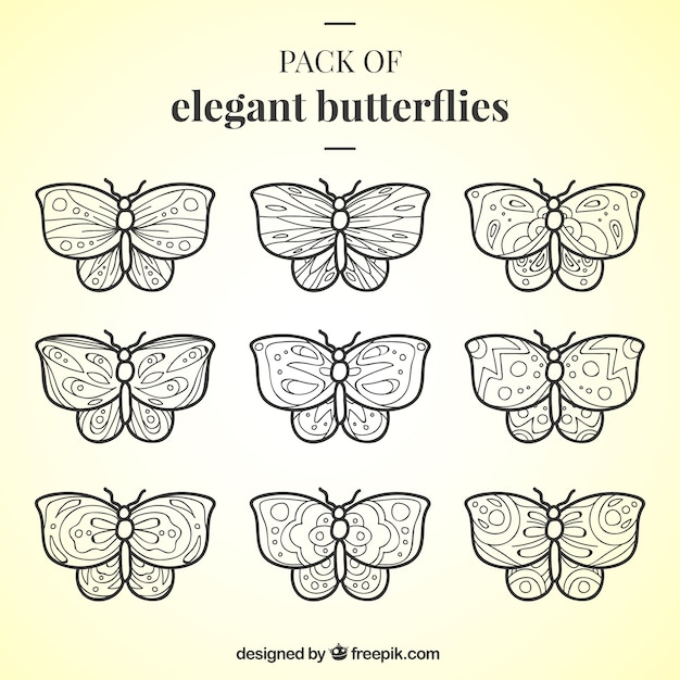 Collection of nine butterflies with ornamental designs