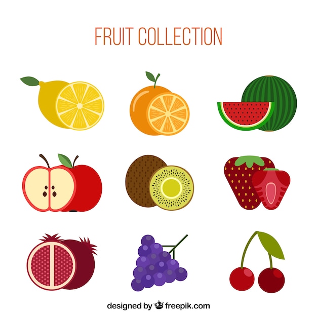 Коллекция девяти различных плодов в плоском дизайне
