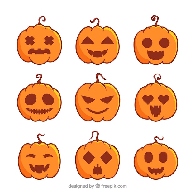 Raccolta di nove zucche di halloween diverse