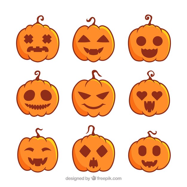 Collection of nine different halloween pumpkins