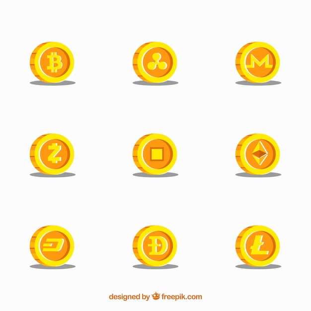 Collection of nine golden cryptocurrency coins