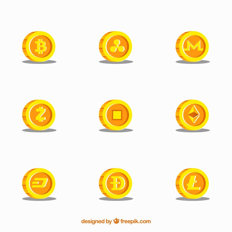 Free Vector collection of nine golden cryptocurrency coins