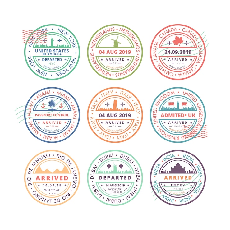 Free Vector collection of nine round stamps with monuments