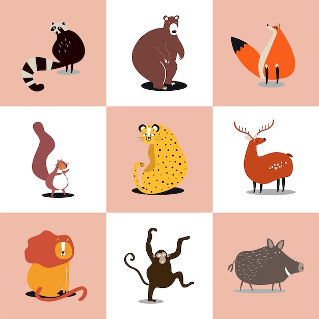 Бесплатное векторное изображение Коллекция симпатичных рисунков диких животных