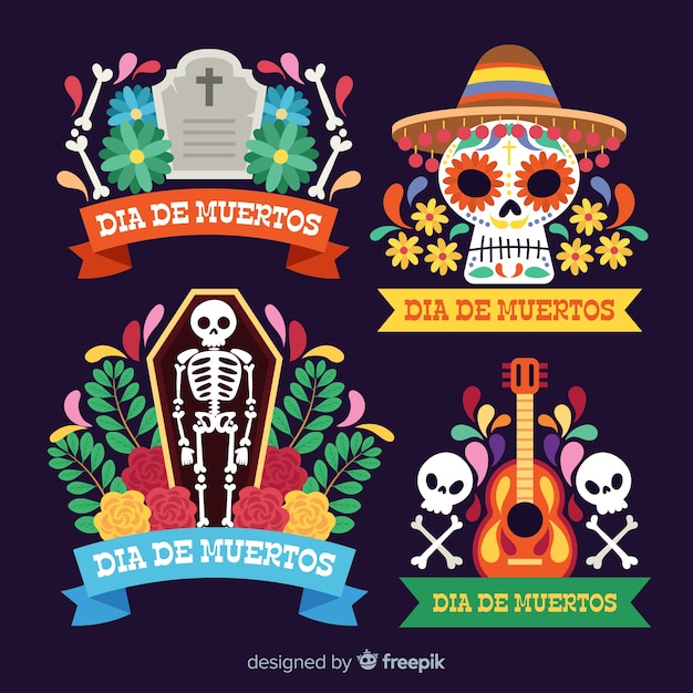 무료 벡터 평면 디자인의 dia de muertos 라벨 컬렉션