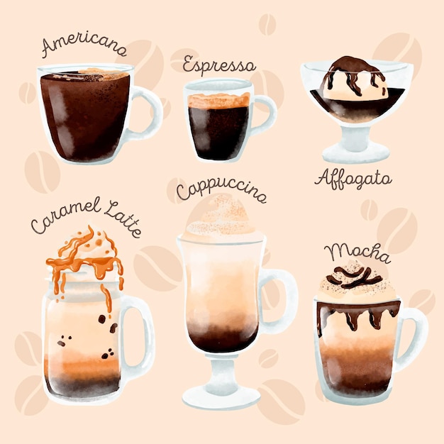 Бесплатное векторное изображение Коллекция разных видов кофе