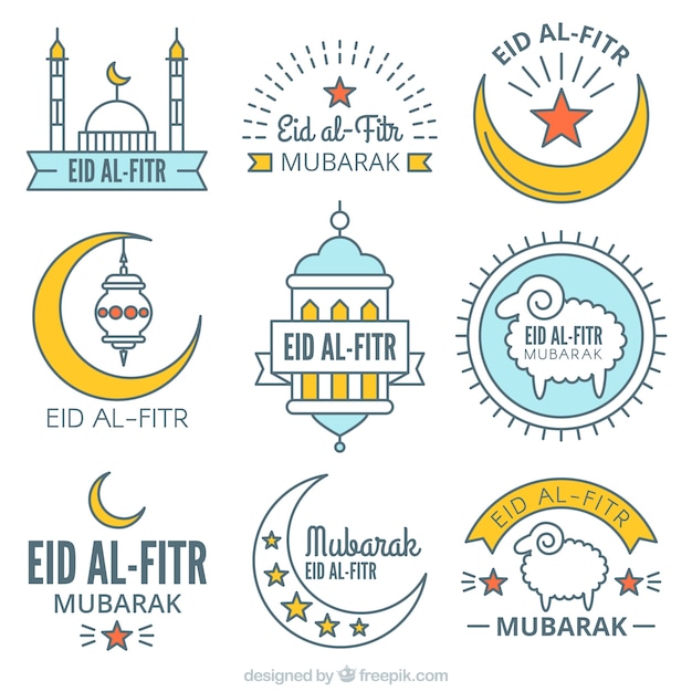 Бесплатное векторное изображение Коллекция наклеек eid al fitr в линейном стиле