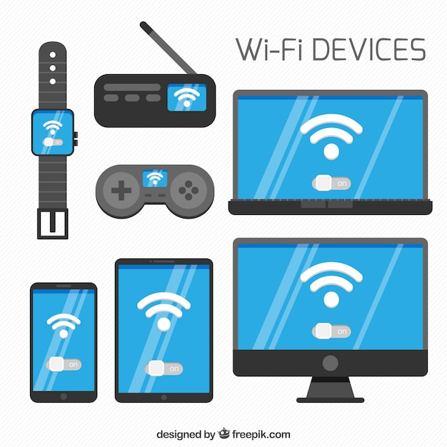 Бесплатное векторное изображение Коллекция электронных устройств с wi-fi-сигналом