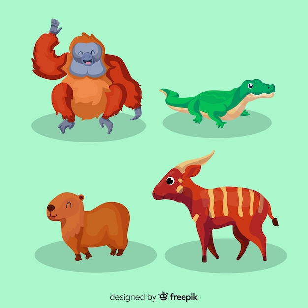 Бесплатное векторное изображение Коллекция плоских тропических животных