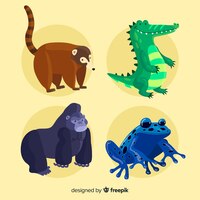 Бесплатное векторное изображение Коллекция плоских тропических животных