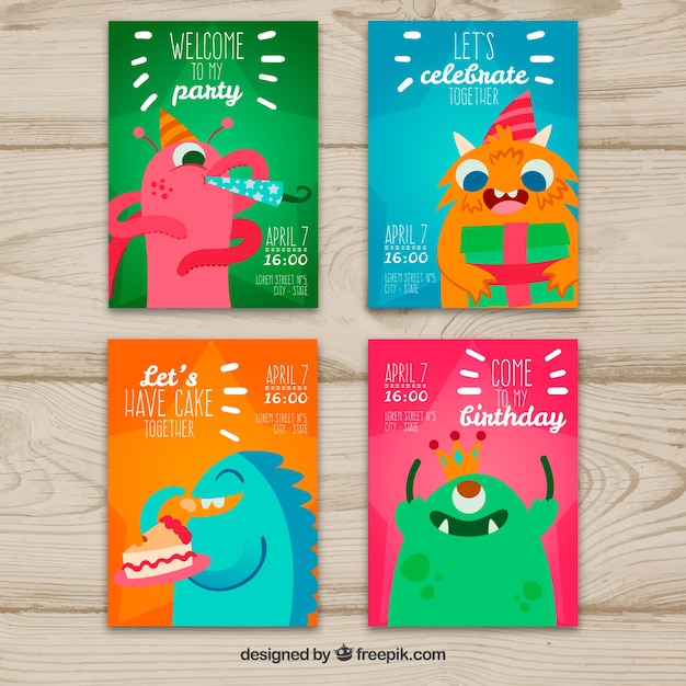 Бесплатное векторное изображение Коллекция из четырех красочных поздравительных открыток