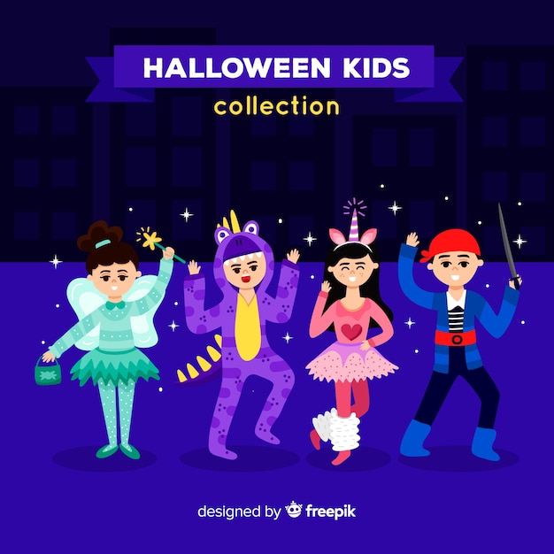 無料ベクター 4人のハロウィーンの子供のキャラクターのコレクション