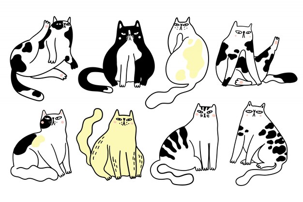 面白い猫のコレクション 分離された様々な漫画猫の束手描きイラスト プレミアムベクター