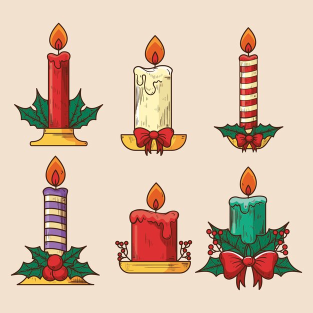フラットデザインのクリスマスキャンドルイラストセット 無料のベクター