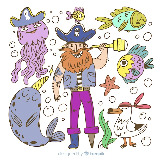 Бесплатное векторное изображение Коллекция рисованной морских персонажей