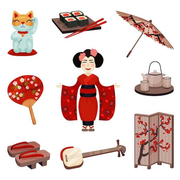 日本のお土産やアクセサリーのコレクション イラスト プレミアムベクター