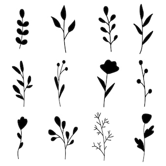 Коллекция минималистичных простых цветочных элементов. графический эскиз. модный дизайн татуировки. цветы, трава и листья. ботанические природные элементы. векторная иллюстрация. наброски, линия, стиль каракули.