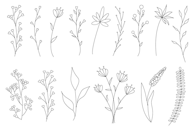 ミニマルでシンプルな花の要素のコレクション グラフィックスケッチ ファッショナブルなタトゥーのデザイン 花 草 葉 植物の自然の要素 ベクトルイラスト アウトライン ライン 落書きスタイル プレミアムベクター