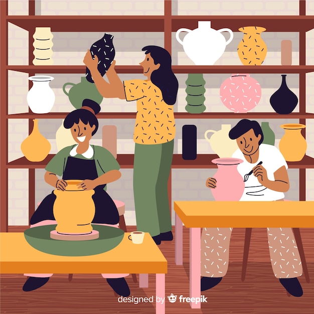 Бесплатное векторное изображение Коллекция людей, делающих глиняную посуду