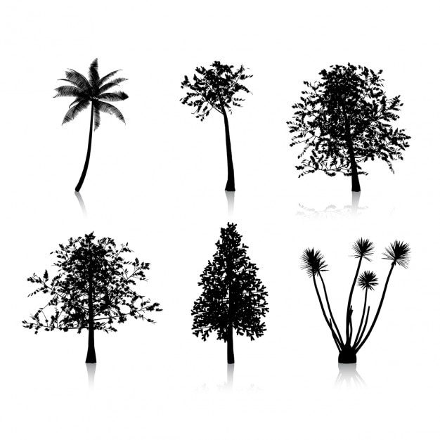 Бесплатное векторное изображение Коллекция из шести различных силуэтов деревьев
